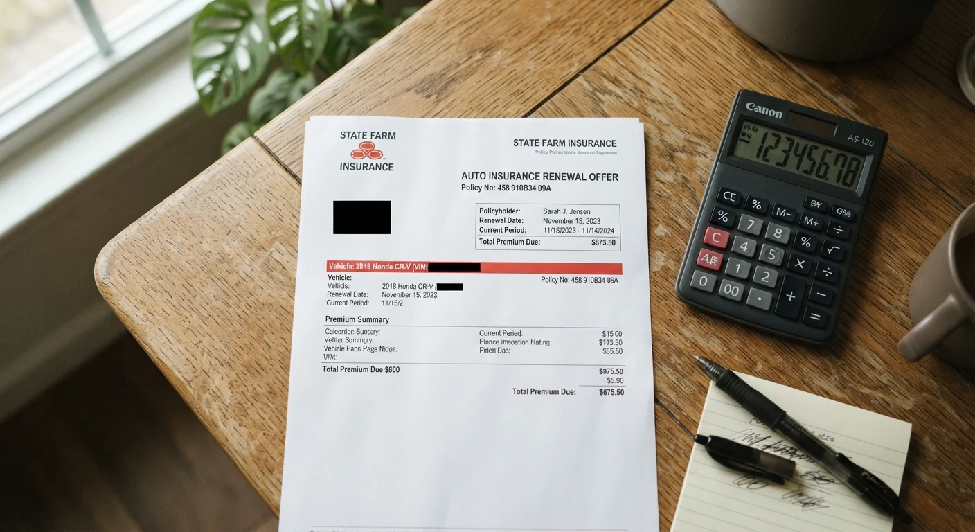 Auto insurance renewal notice on a desk next to a calculator, showing premium increase details