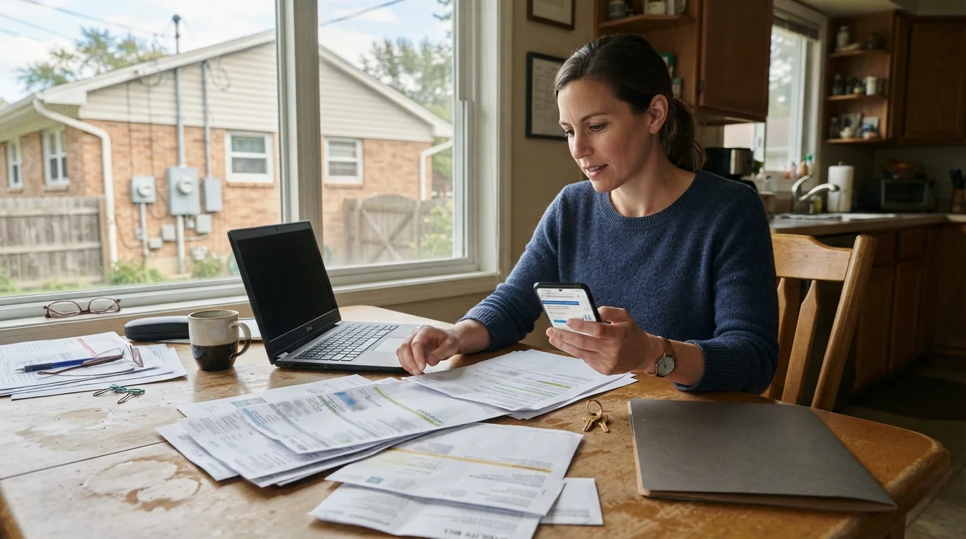 Hands holding a printed home service contract with sections highlighted and a pen ready to review terms